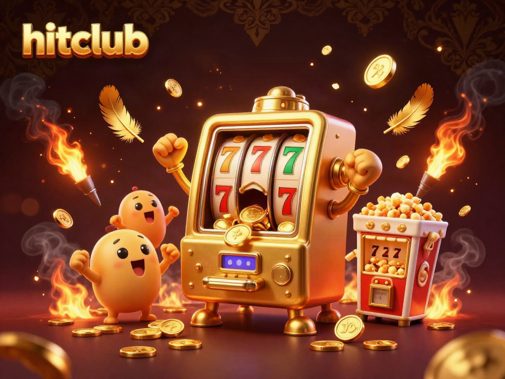 Hitclub casino illustration featuring a golden slot machine hitting a jackpot surrounded by cheering baby slots.