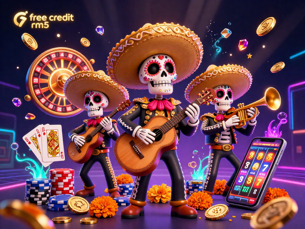 Experience thrilling gameplay with free credit rm5 credits as you enjoy a vibrant mariachi band in a casino-themed illustration.