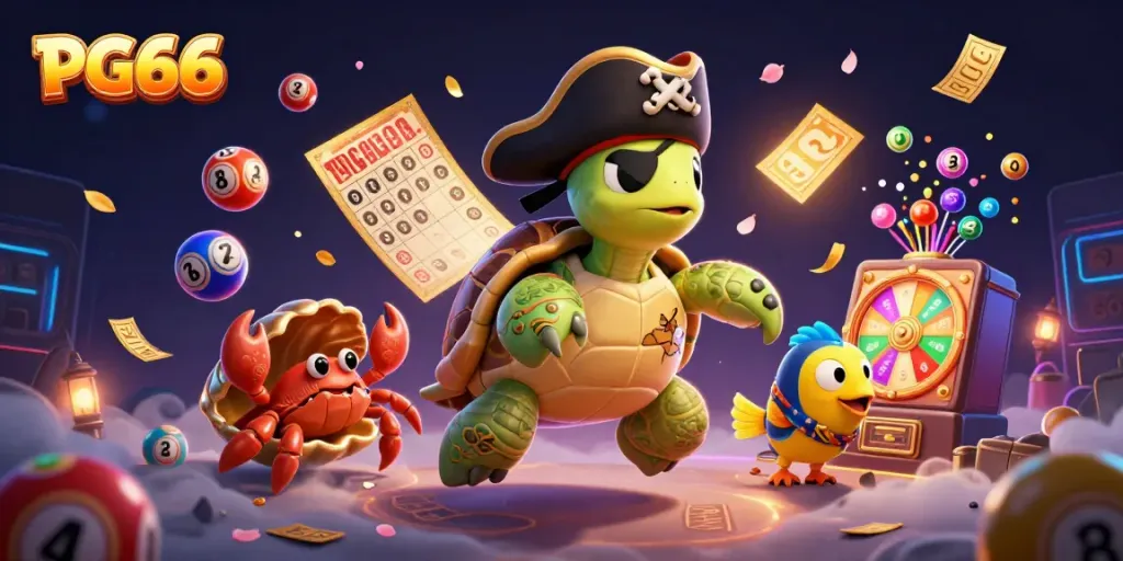 PG66 casino illustration featuring a pirate turtle, hermit crab, and parrotfish surrounded by lottery elements.