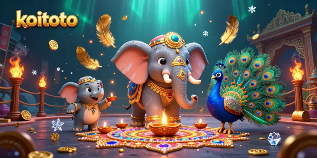 Koitoto menghadirkan ilustrasi kasino yang kaya warna dengan elemen gajah dan merak di tengah perayaan.