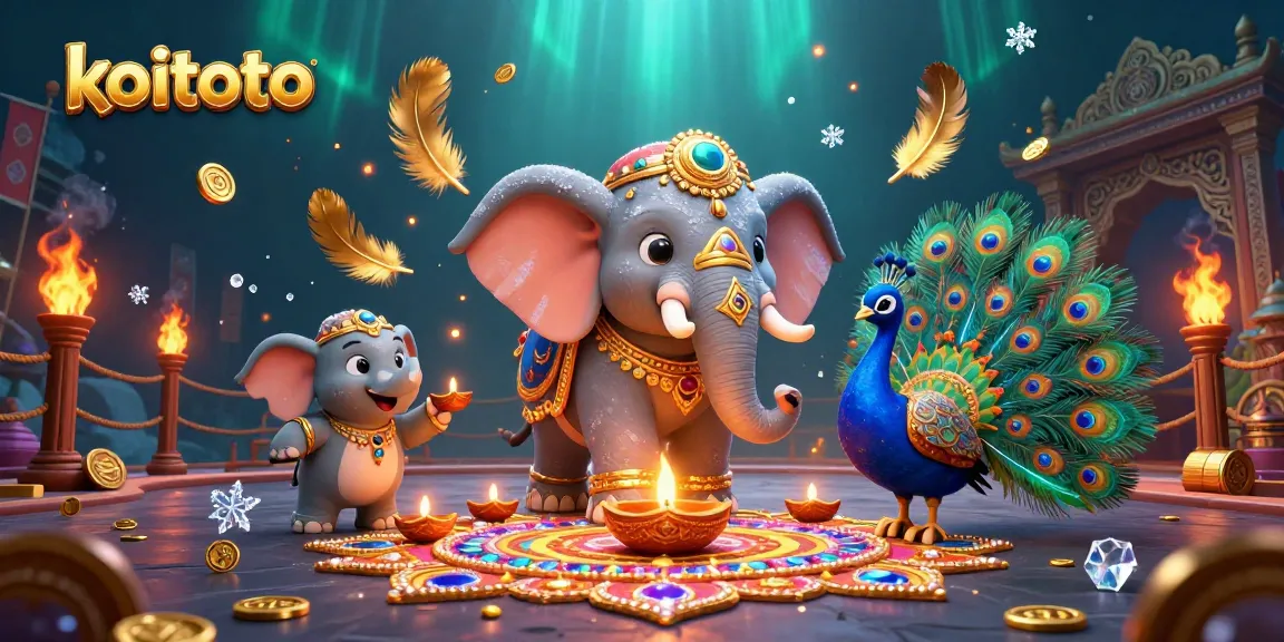Koitoto menghadirkan ilustrasi kasino yang kaya warna dengan elemen gajah dan merak di tengah perayaan.