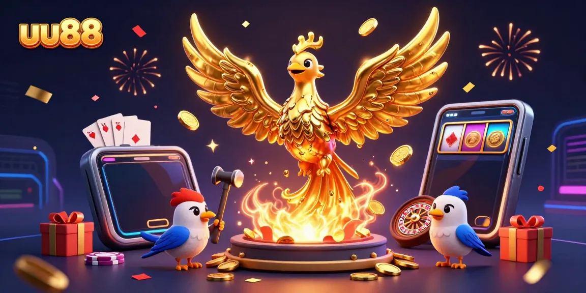 Engage with UU88's thrilling gaming experience featuring a molten golden phoenix and vibrant casino elements.