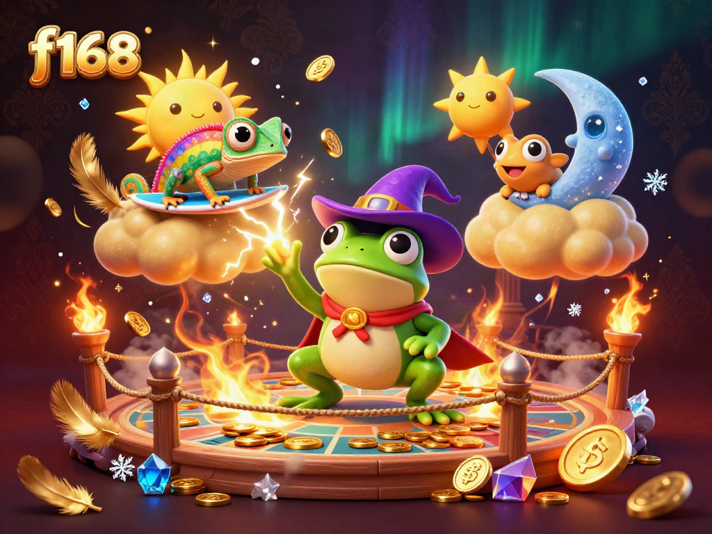 Experience thrilling wins with f168's dazzling 3D casino illustration featuring lucky characters amidst golden coins.