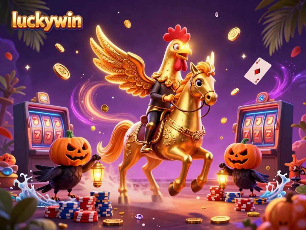 Experience the thrill of luckywin with golden rooster characters amidst flying coins and glowing casino elements