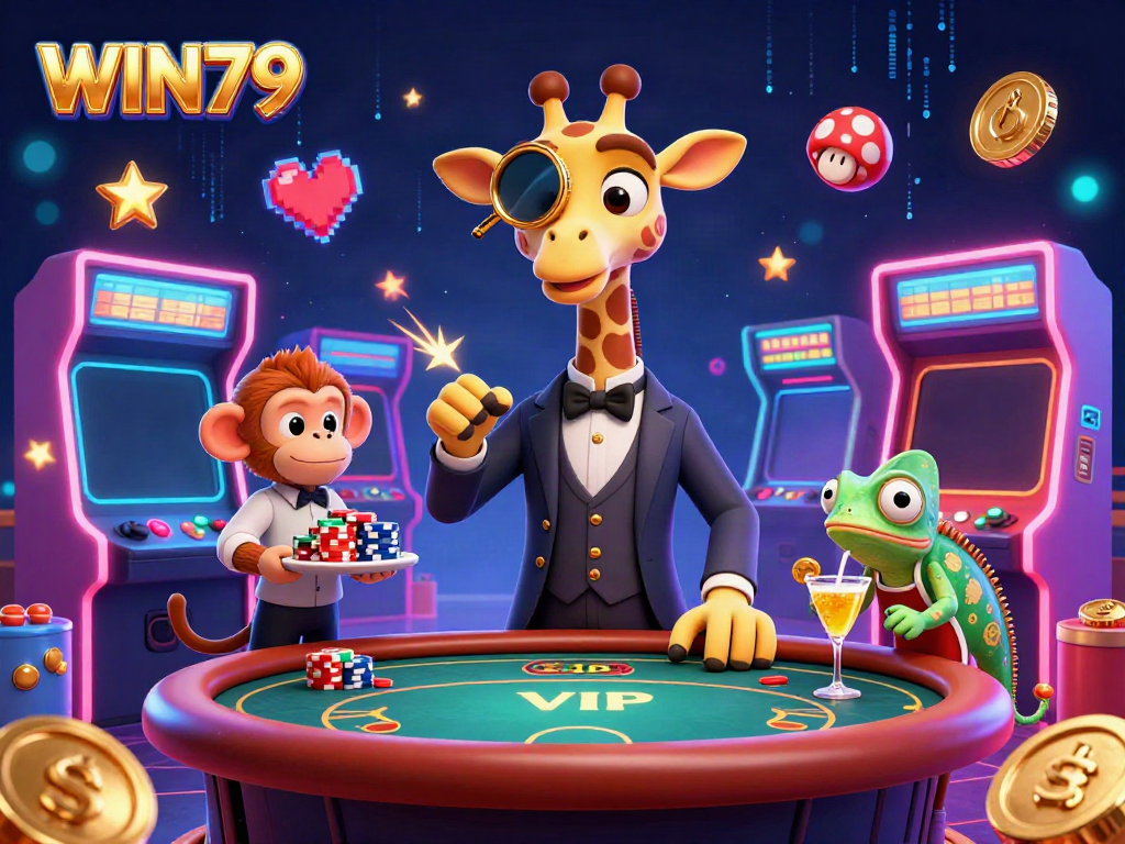 WIN79 high-roller giraffe at a VIP poker table, surrounded by game elements.