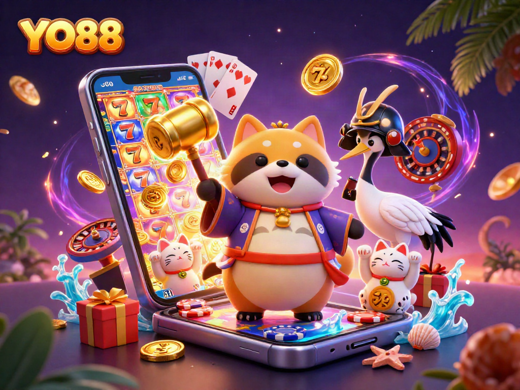 YO88 launches exciting gameplay with a tanuki mascot, colorful casino elements, and vibrant characters.