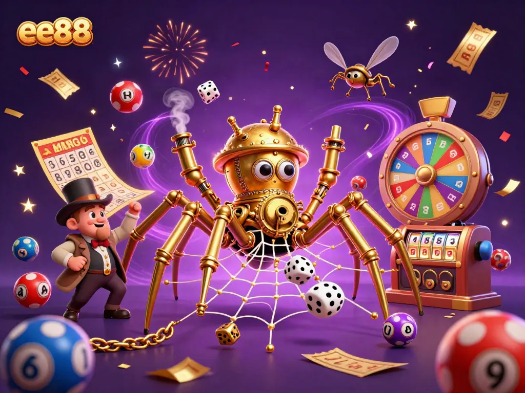 Engaging illustration of ee88 featuring a steampunk spider, vibrant lottery balls, and casino elements.