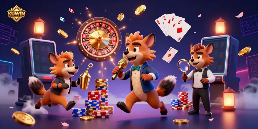 Experience the excitement at KUWIN casino with hyenas in a colorful, dynamic scene featuring slot machines and golden coins.