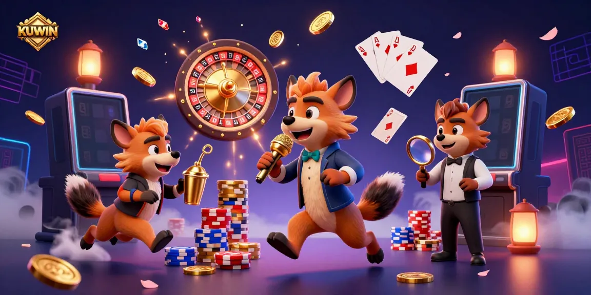 Experience the excitement at KUWIN casino with hyenas in a colorful, dynamic scene featuring slot machines and golden coins.