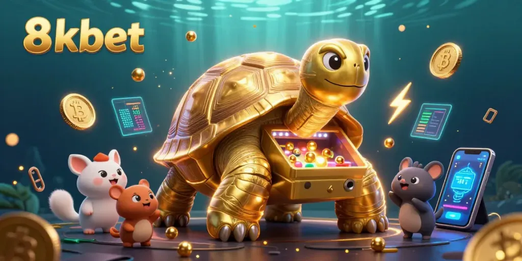 8xbet players enjoying games in a vibrant casino scene featuring golden tortoise and crypto elements.