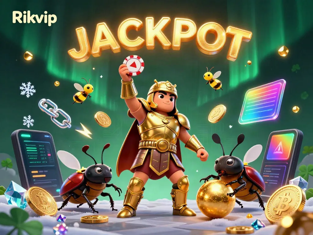 Join the action at Rikvip with a victorious beetle displaying a poker chip amidst vibrant casino elements.