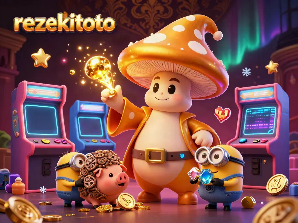 Experience the magic of rezekitoto with golden treasures and vibrant gaming elements in a thrilling 3D casino illustration.