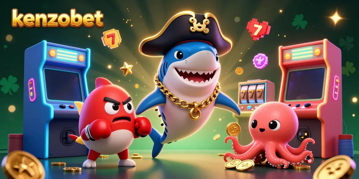 Join the fun at kenzobet with a dynamic 3D illustration of a pirate shark and friends celebrating arcade gaming.