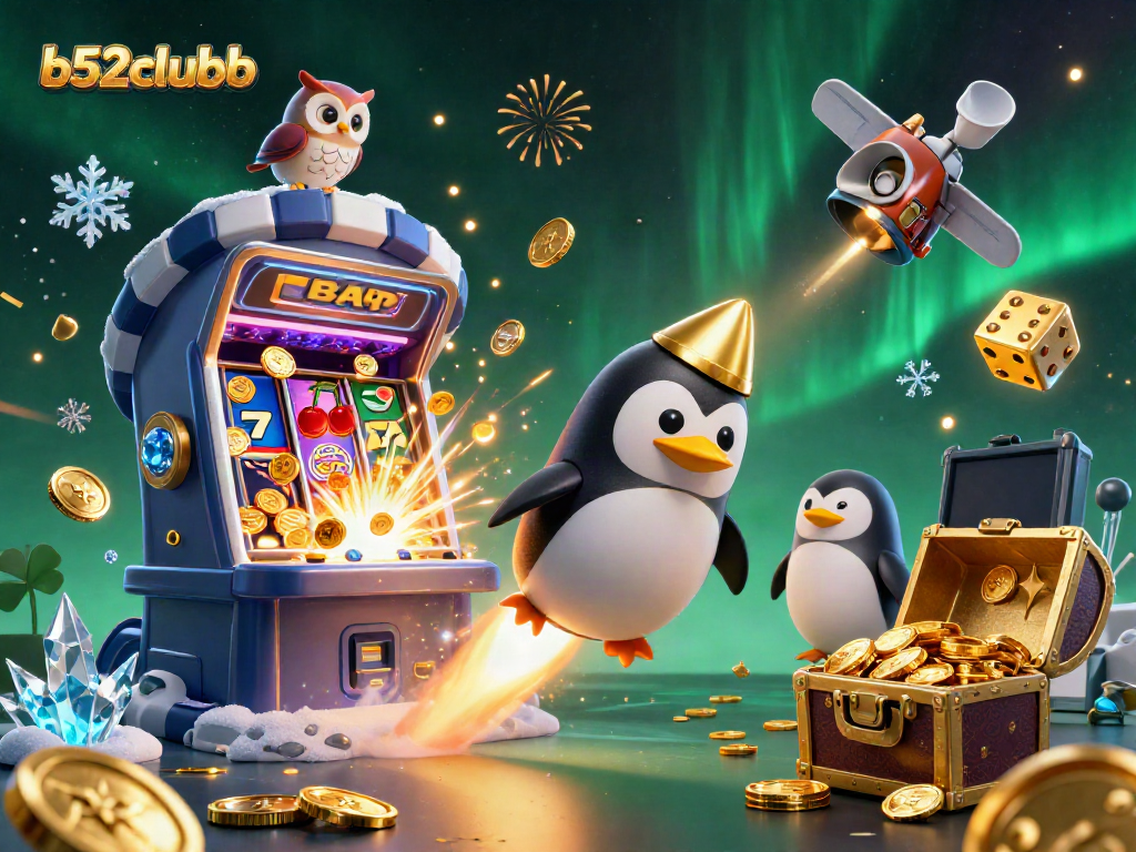 Experience the excitement of b52clubb with a golden penguin racing through space towards a jackpot-filled casino!