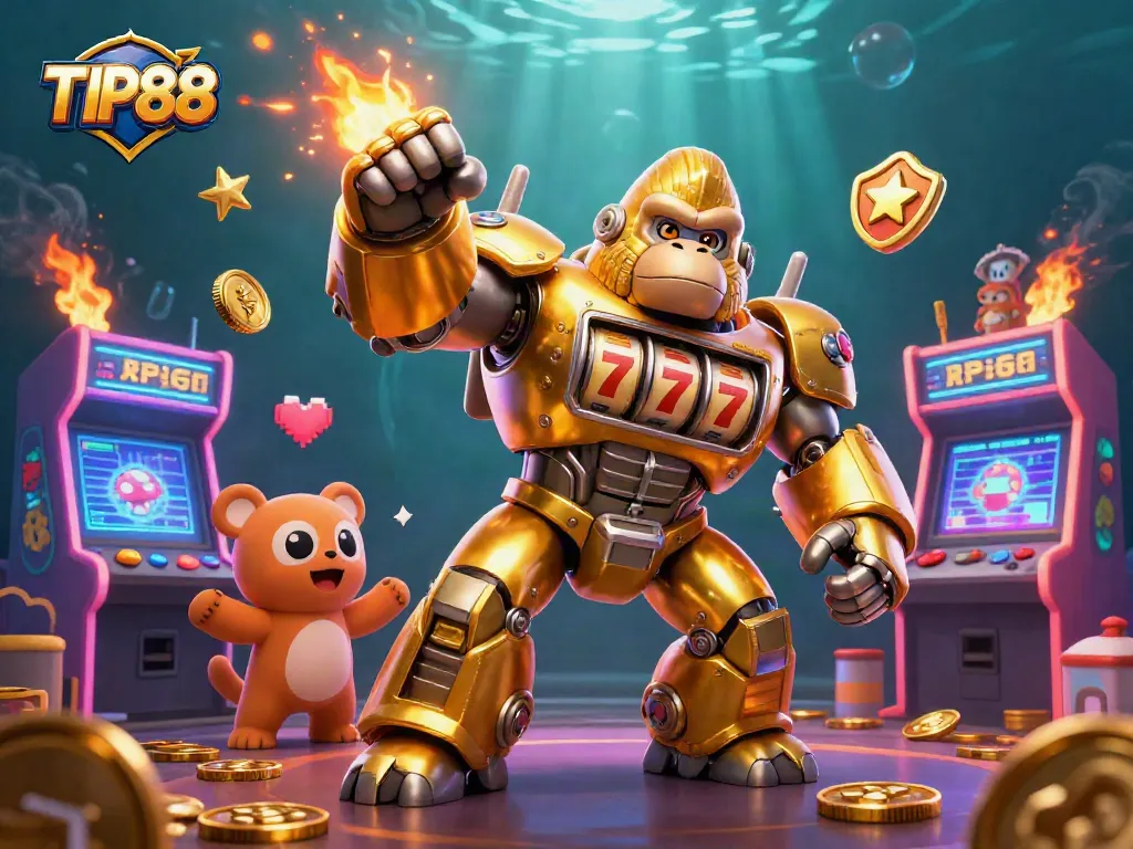 Bets at TIP88 on an exciting gaming adventure with a golden gorilla mech and dynamic arcade elements.