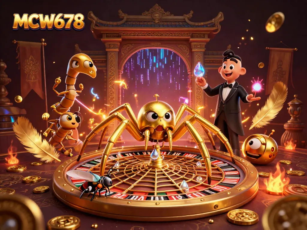 Experience thrilling bets at MCW678 with a golden spider croupier overseeing a roulette wheel web.