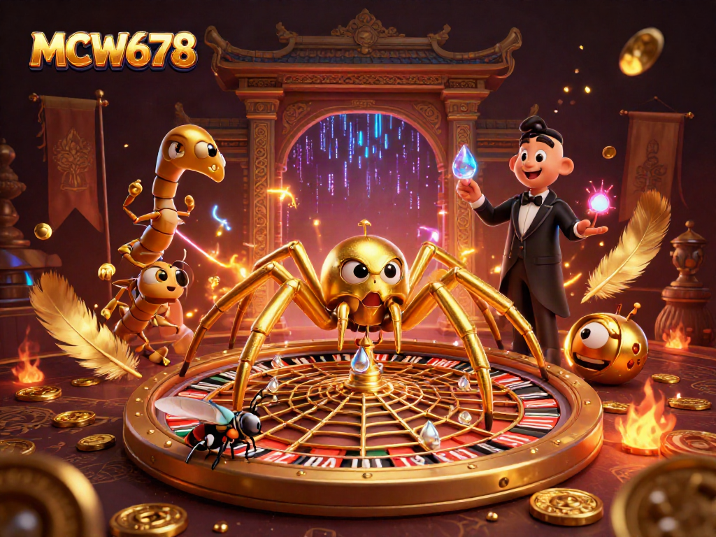 Experience thrilling bets at MCW678 with a golden spider croupier overseeing a roulette wheel web.