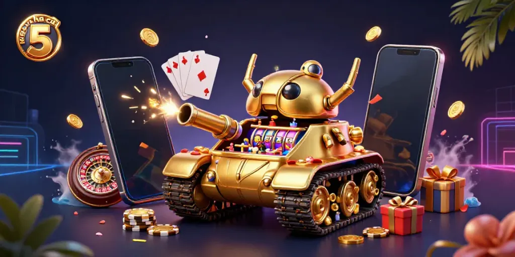 Engage with keo nha cai 5 through a vibrant 3D scene of a golden beetle tank revealing a miniature casino bustling with activity and festive elements.