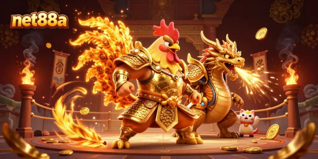 Engage with net88a's exciting gaming landscape featuring mascot warriors and lavish casino elements.