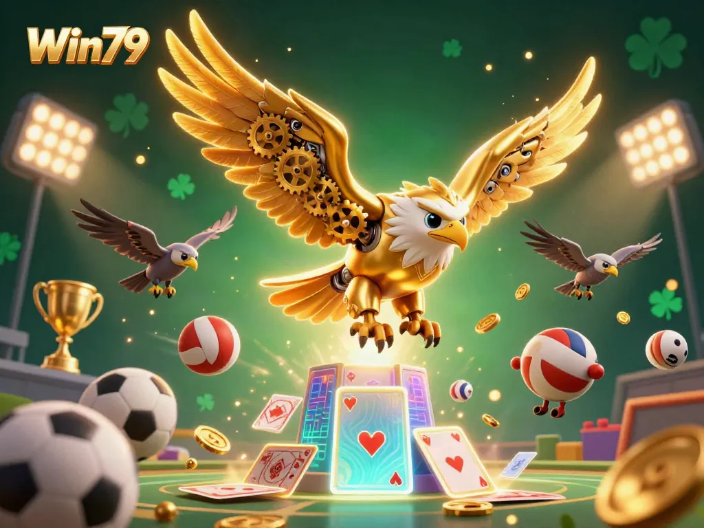 Experience exhilaration with Win79 as a cybernetic eagle dives through a cascade of holographic cards.