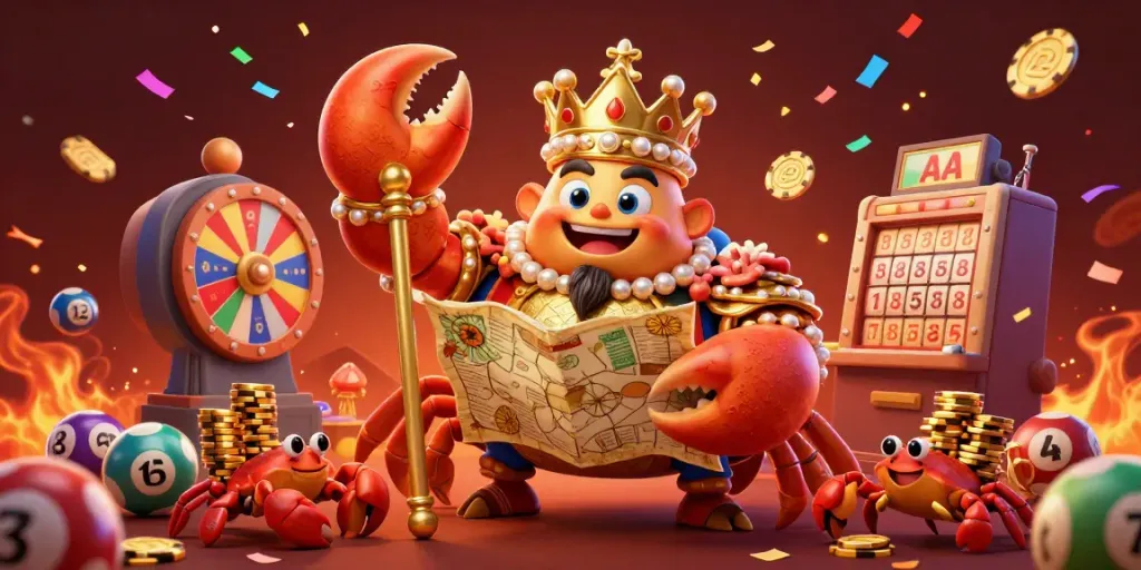 Ilustrasi togel 4D dengan krustasea emas raksasa dan elemen lotere berwarna-warni.