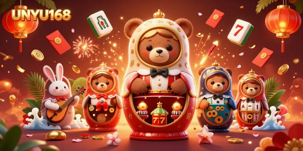 UNYU168 menampilkan ilustrasi kasino menarik dengan beruang Matryoshka dan elemen permainan.