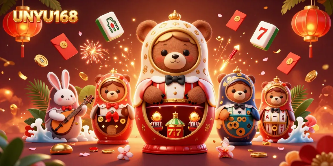 UNYU168 menampilkan ilustrasi kasino menarik dengan beruang Matryoshka dan elemen permainan.