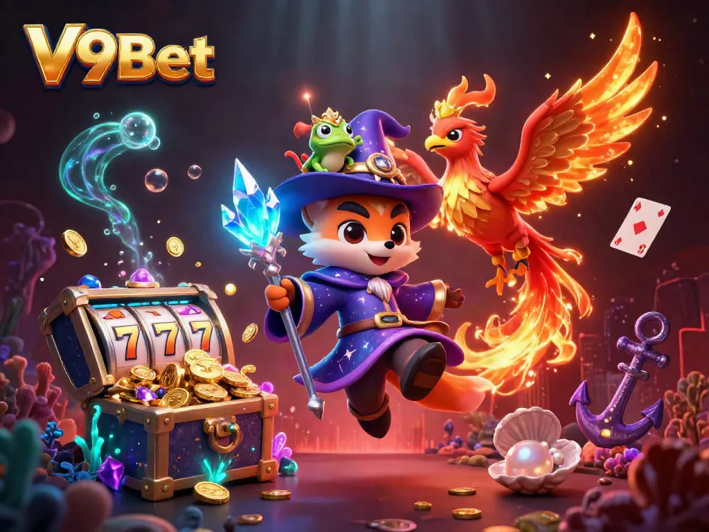 Engage in the thrilling world of V9Bet with vibrant 3D illustrations showcasing fantasy elements and casino games.