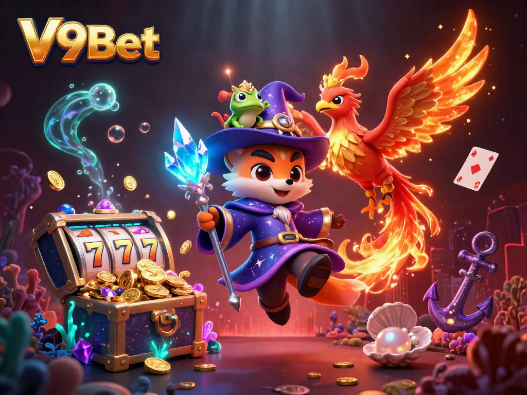 Engage in the thrilling world of V9Bet with vibrant 3D illustrations showcasing fantasy elements and casino games.