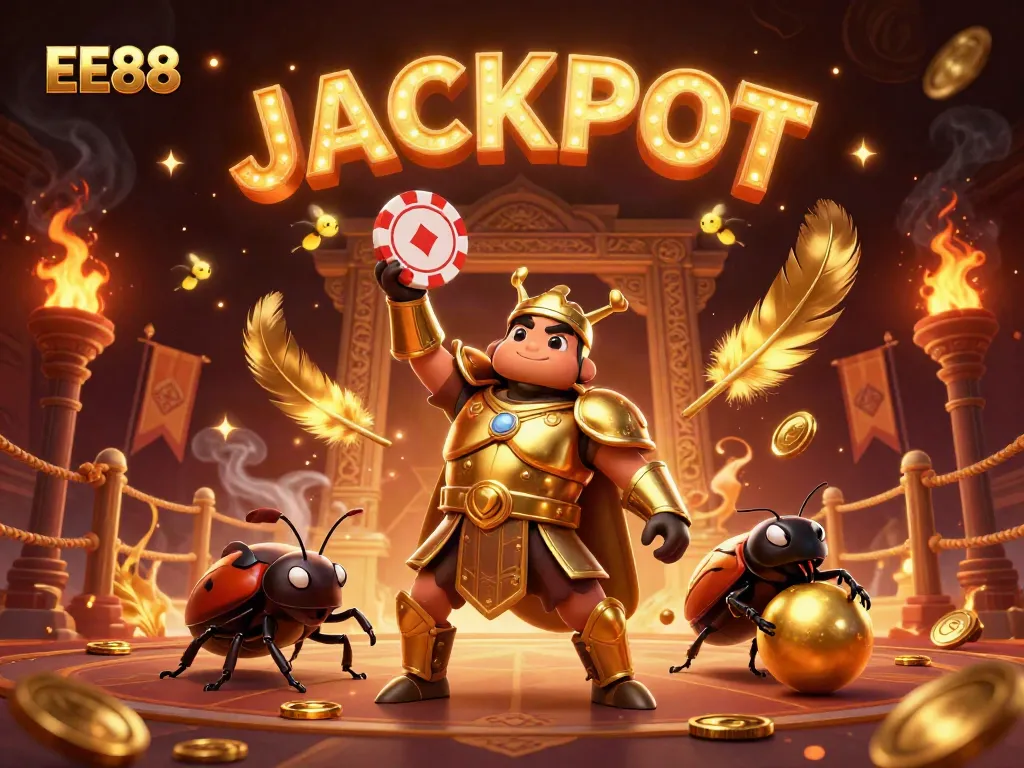 Experience EE88's thrilling jackpot with a hercules beetle champion in a vibrant casino scene.