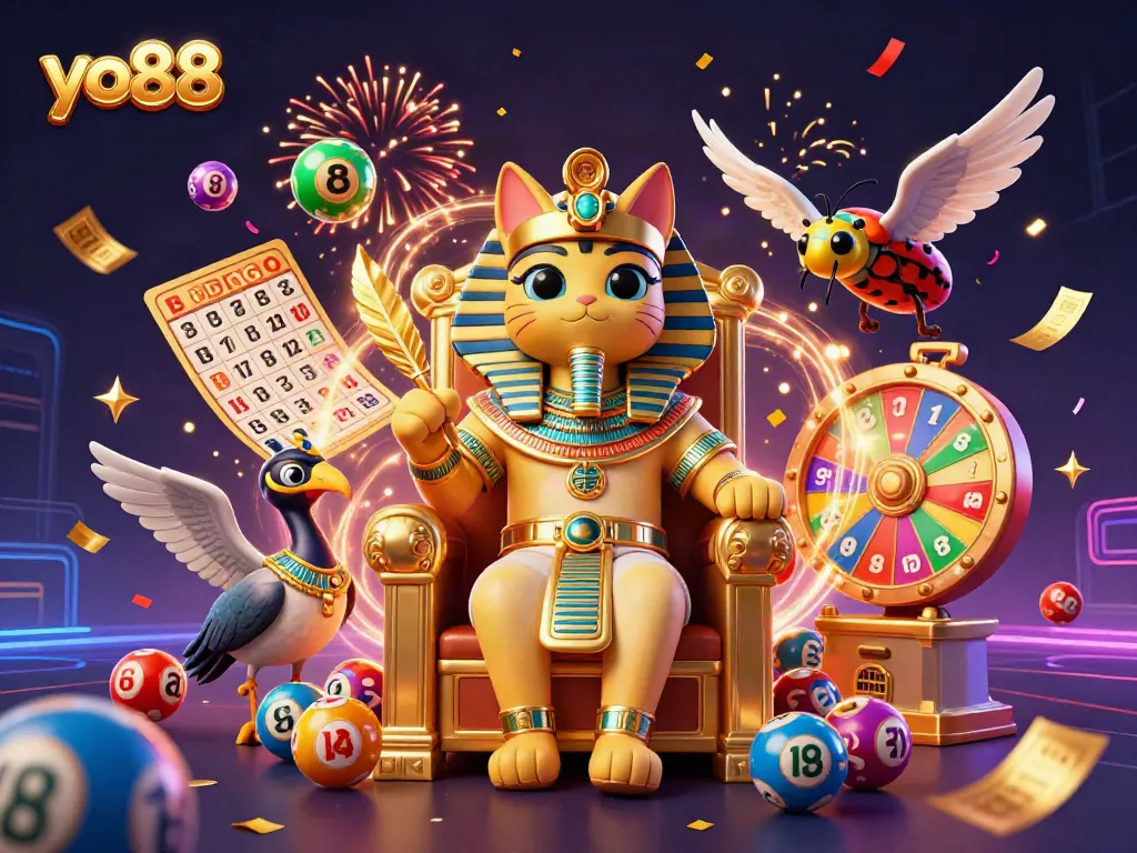 Experience the excitement of yo88 with vibrant lottery elements and a pharaoh-themed scene.