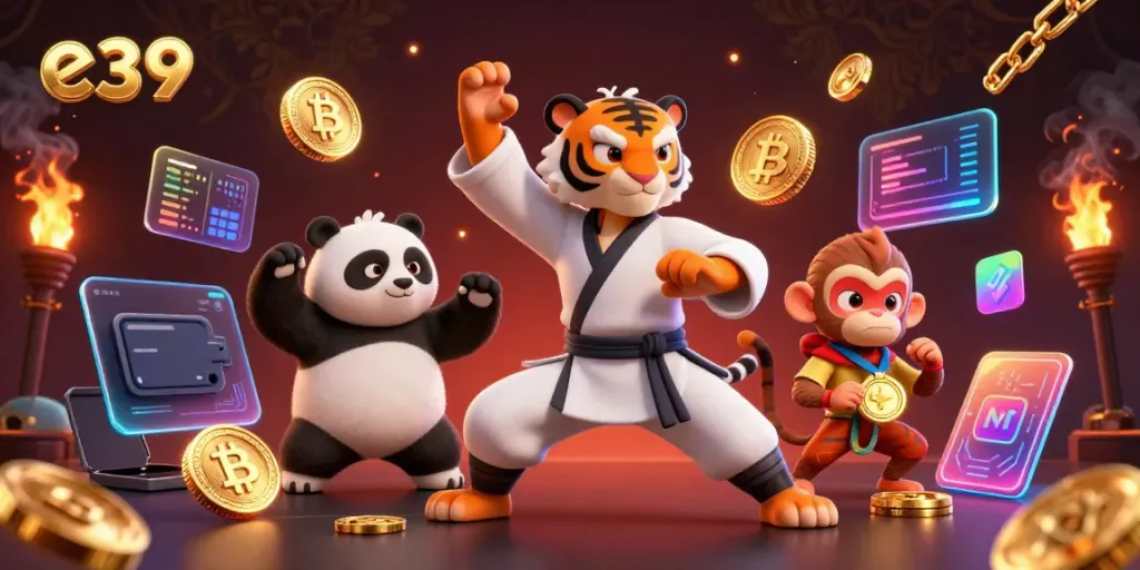 Engaging scene with e39 showcasing a kung fu tiger master, panda disciple, and playful monkey amid dynamic casino elements.