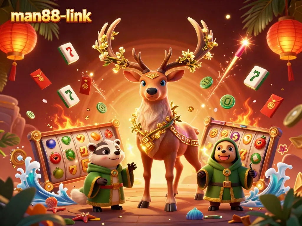 Play at man88-link with a dynamic casino scene featuring slot reels, lucky symbols, and magical elements.