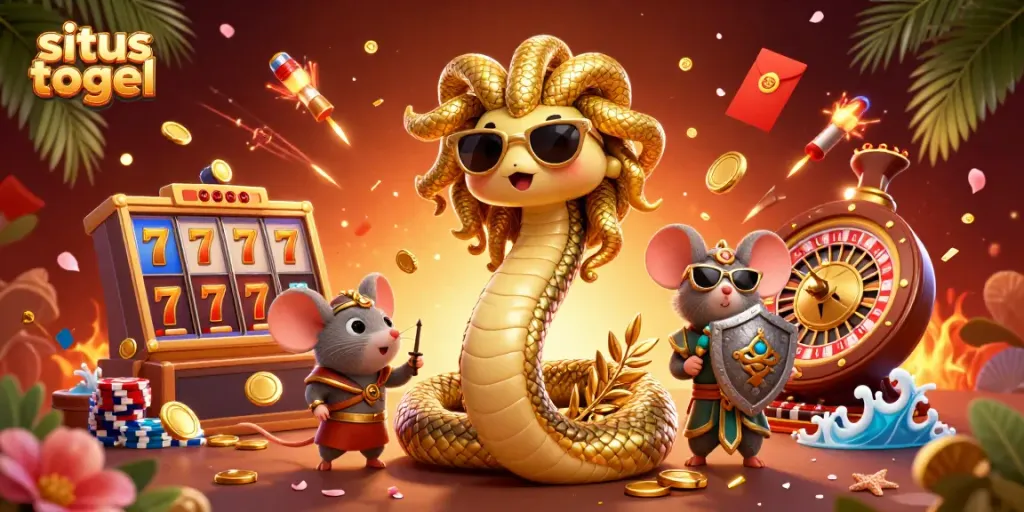 Experience the thrill of situs togel with a vibrant 3D casino scene featuring Medusa and a warrior mouse.