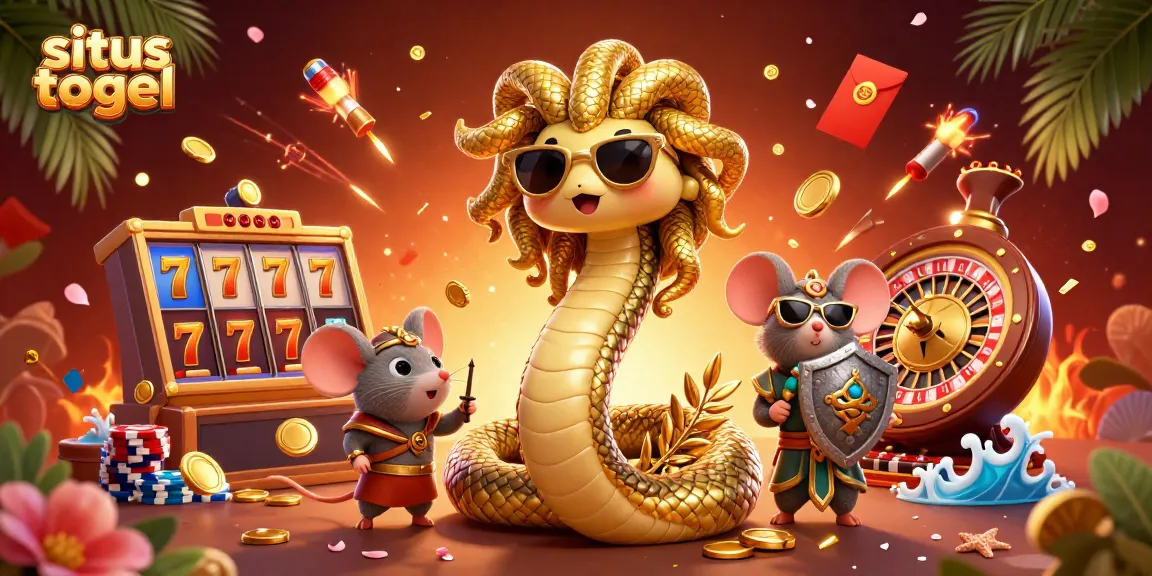 Experience the thrill of situs togel with a vibrant 3D casino scene featuring Medusa and a warrior mouse.