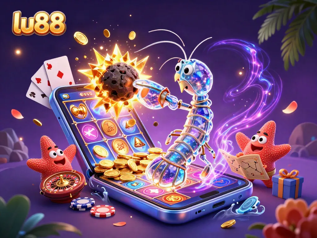 Experience thrilling action at lu88 with a galactic shrimp battling for gems and coins amidst exciting games.