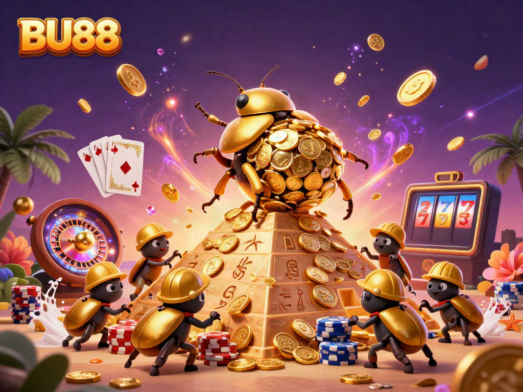 Experience the excitement of BU88 with a vibrant 3D casino scene featuring golden beetles and dynamic gaming elements.