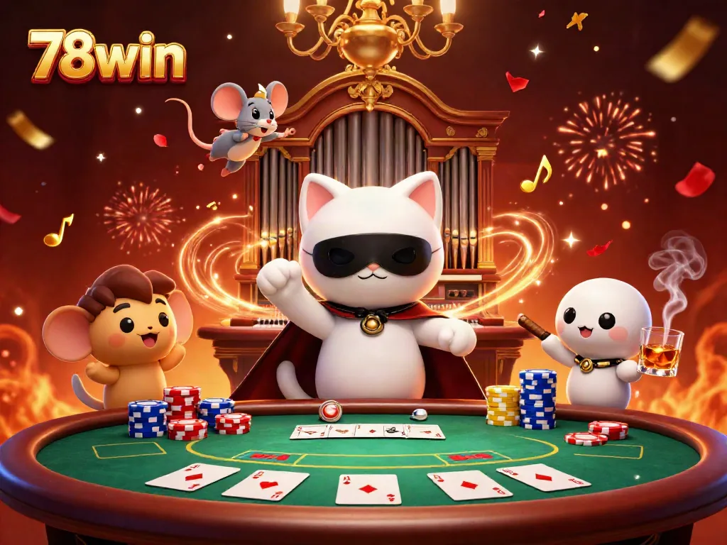 Experience thrilling moments at 78win's vibrant casino scene featuring whimsical characters.
