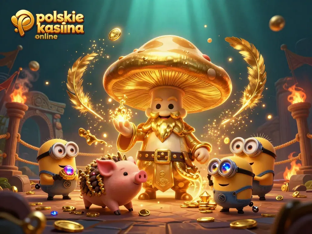 Experience polskie kasyna online with an energetic 3D scene of a golden mushroom wizard and treasures.