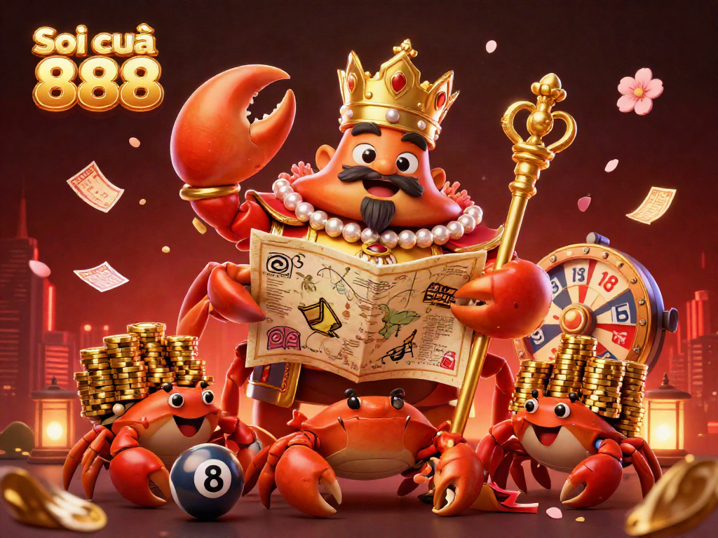 Soi cầu 888 showcases the vibrant world of lottery gaming with a majestic crab emperor leading a treasure hunt.