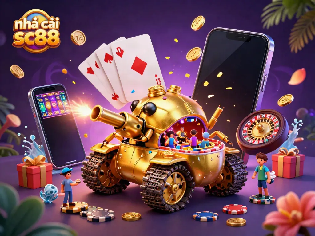 Play exciting games at nhà cái sc88 with a lively 3D casino scene, vibrant elements, and dynamic interactions.