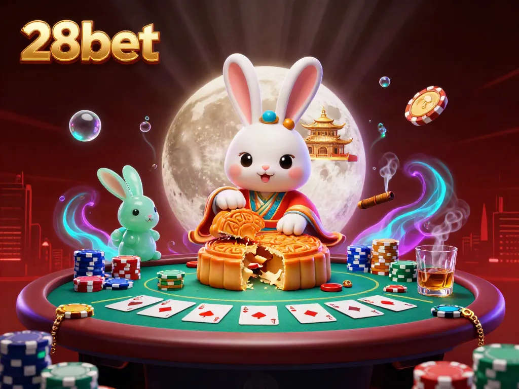 Engage with 28bet's vibrant casino scene featuring a moon rabbit character revealing poker chips and rich casino elements.