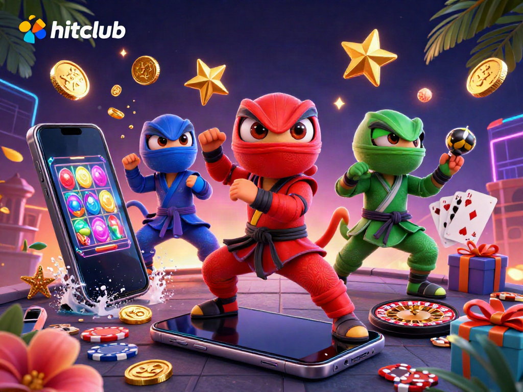 Experience the excitement of hitclub with ninja chameleons surrounded by vibrant gaming elements.