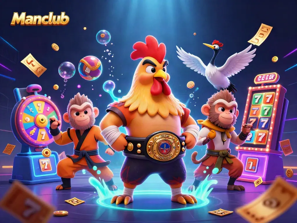 Engage in thrilling slot action with Manclub characters celebrating jackpot wins in a vibrant 3D casino scene.