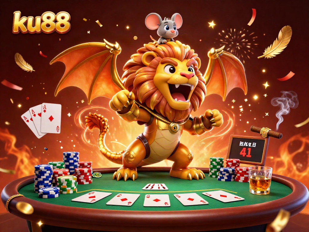 ku88 showcases thrilling poker action with a triumphant chimera and vibrant casino elements.