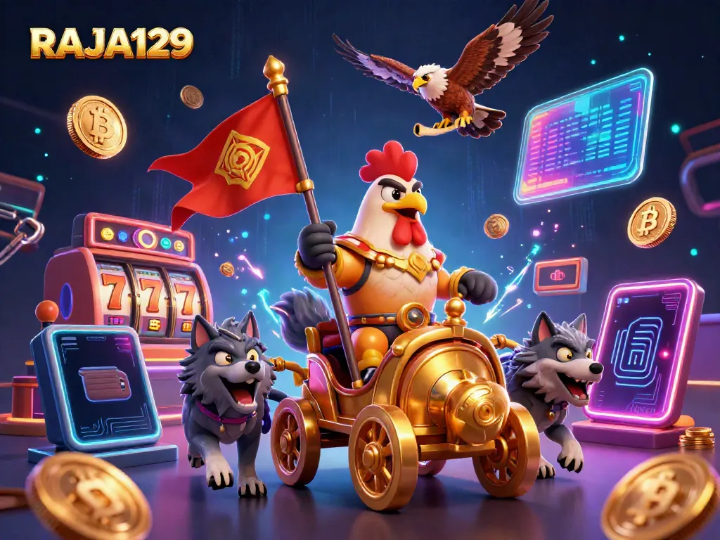 Engage in thrilling gaming adventures with RAJA129 featuring a dynamic 3D rooster warlord in an exciting casino scene.