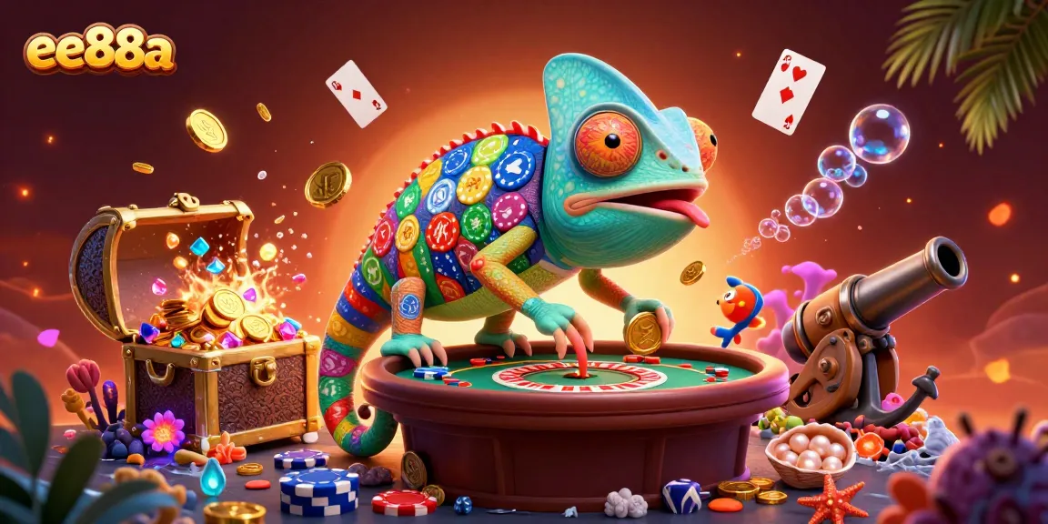 Experience ee88a with a playful chameleon casino owner amidst vibrant gaming elements.