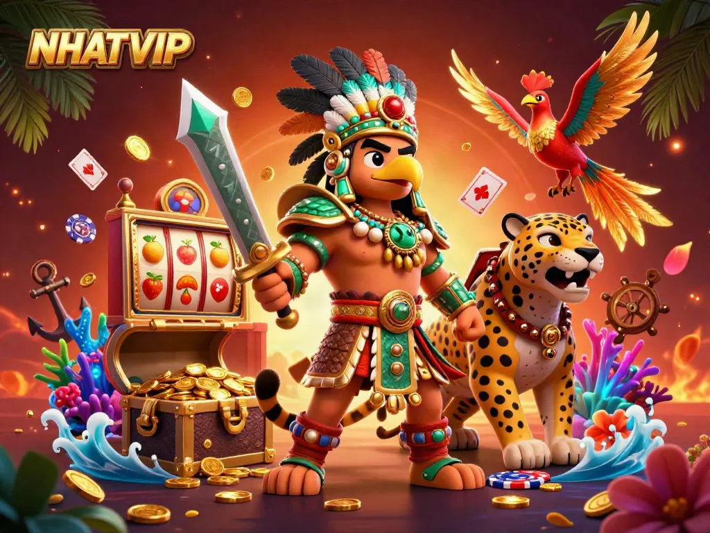 Engage in thrilling slot action with NHATVIP featuring Aztec warriors, gold coins, and vibrant casino elements.