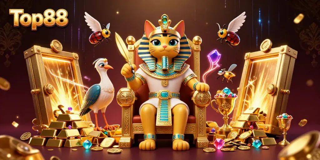 Experience vibrant gameplay with Top88, featuring a pharaoh cat and a scribe amidst gold treasures and gems.