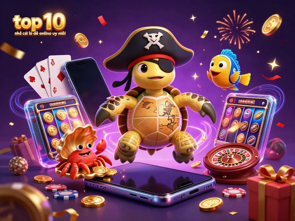 Engage with the top 10 nhà cái lô đề online uy tín, featuring a vivid 3D digital illustration of a whimsical casino scene.